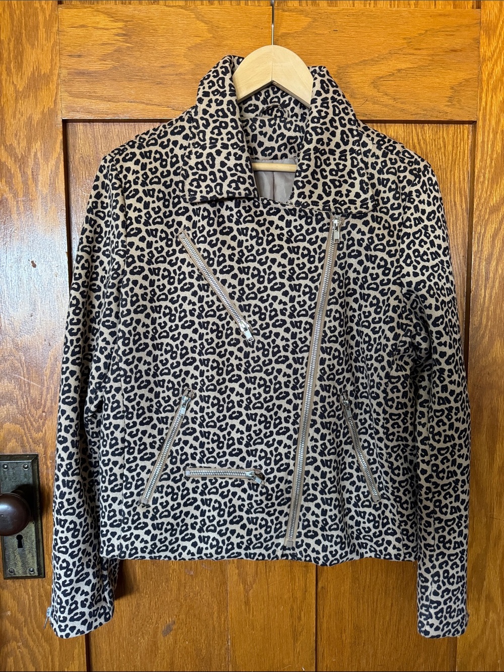 Leopard Print Moto Jacket - Women's Taupe/Black